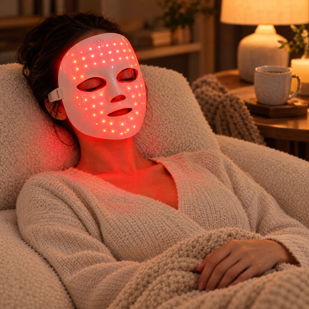Woman relaxing on a sofa in the evening wearing the LED face mask in red mode