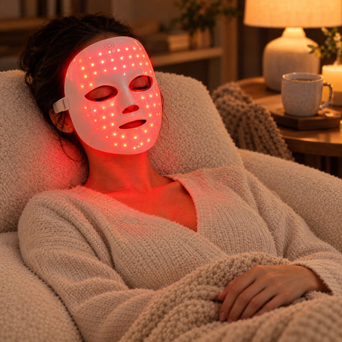 Woman relaxing on a sofa in the evening wearing the LED face mask in red mode