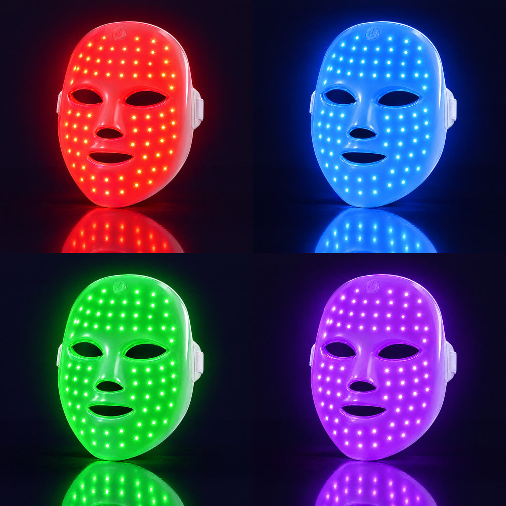 The LED face mask in red, blue, green and purple light modes