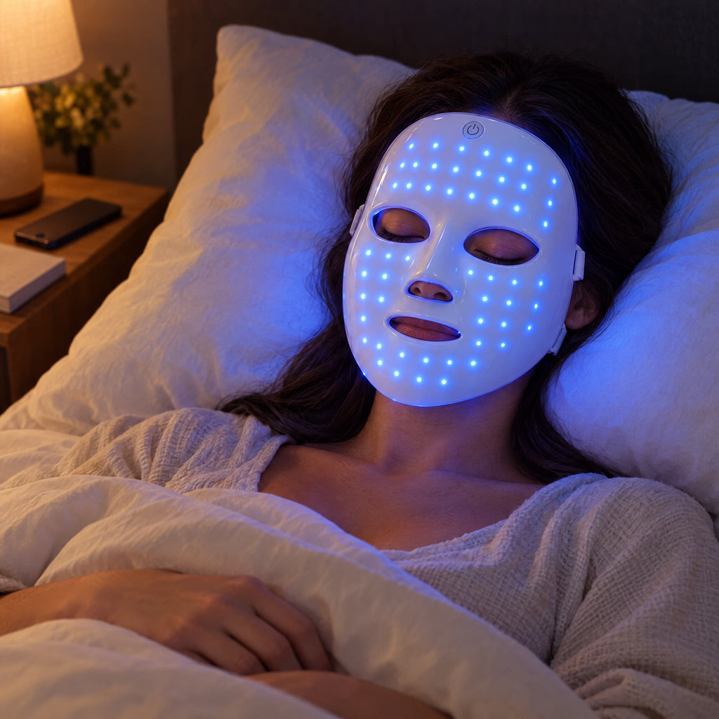 Woman resting in bed wearing the LED face mask in blue mode