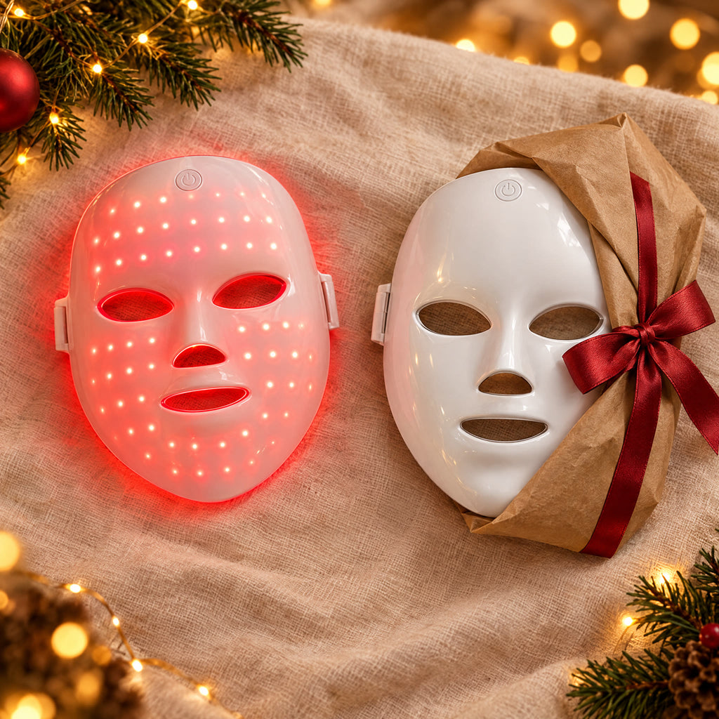 Gift one, keep one: two LED face masks, one wrapped as a gift