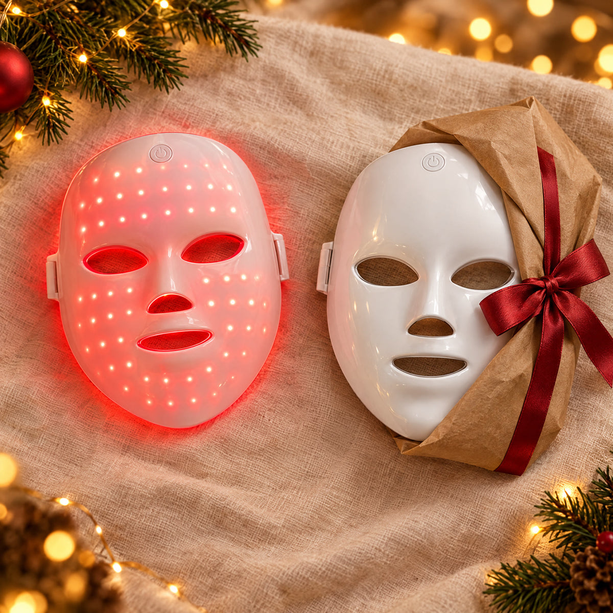 Gift one, keep one: two LED face masks, one wrapped as a gift